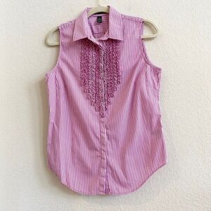 Lauren Ralph Lauren Pink White Striped Ruffle Front Sleeveless Blouse Shirt 10